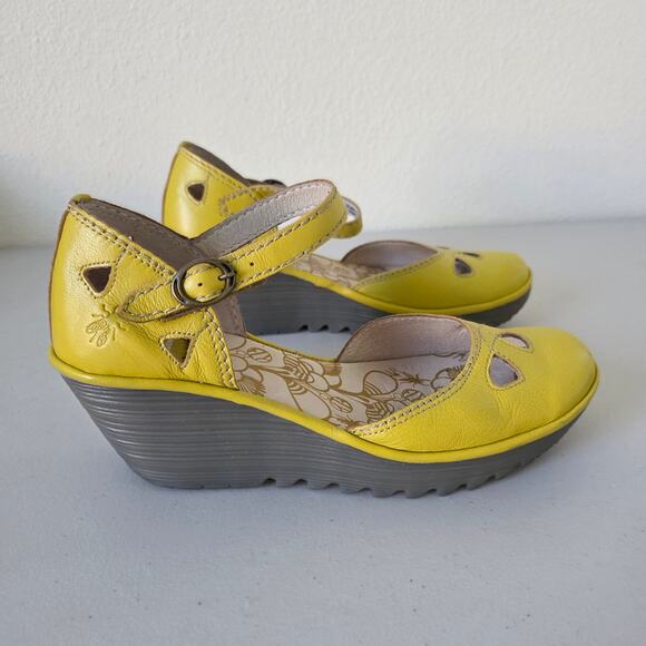 Fly London Yellow Leather Mary Jane Wedge Shoes Women Size 41 Comfort Cutout - Picture 7 of 15